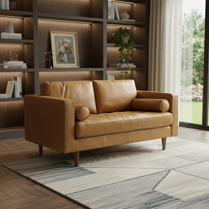 65" Modern Tan Leather Sofa with Solid Wood Legs & Pillow Top Arms