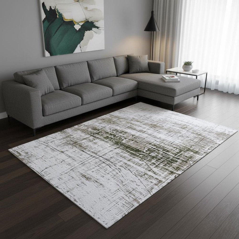 White Gray And Green Abstract Washable Area Rug With UV Protection Area Rug | 9' x 13'