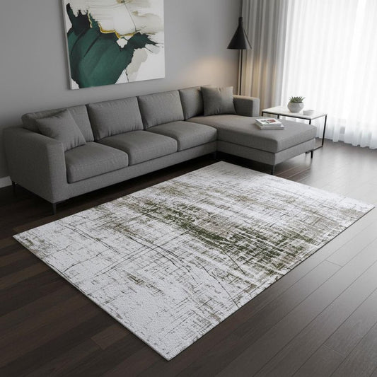 White Gray And Green Abstract Washable Area Rug With UV Protection Area Rug | 9' x 13'