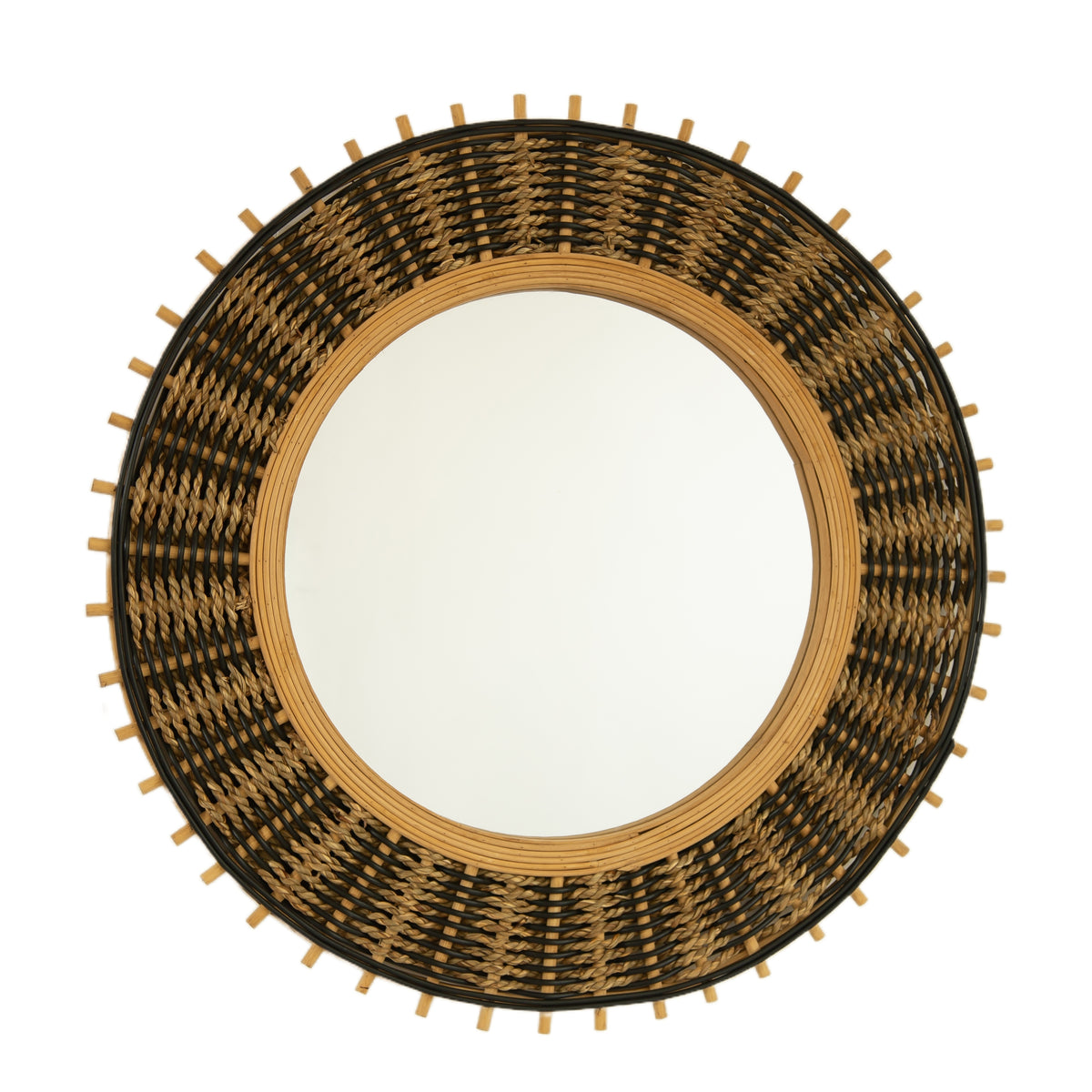 23" Echo Mirror, Bamboo Round Art Wall Mirror with Light Yellow and Black Hemp Ropes, Bedroom, Living Room, Entryway