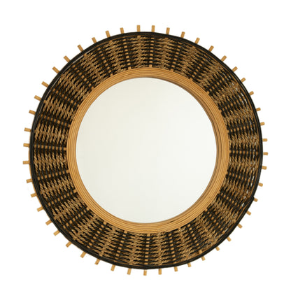 23" Echo Mirror, Bamboo Round Art Wall Mirror with Light Yellow and Black Hemp Ropes, Bedroom, Living Room, Entryway