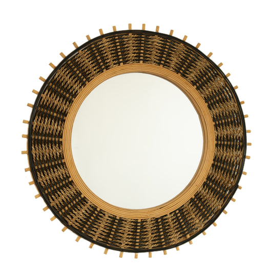 23" Echo Mirror, Bamboo Round Art Wall Mirror with Light Yellow and Black Hemp Ropes, Bedroom, Living Room, Entryway