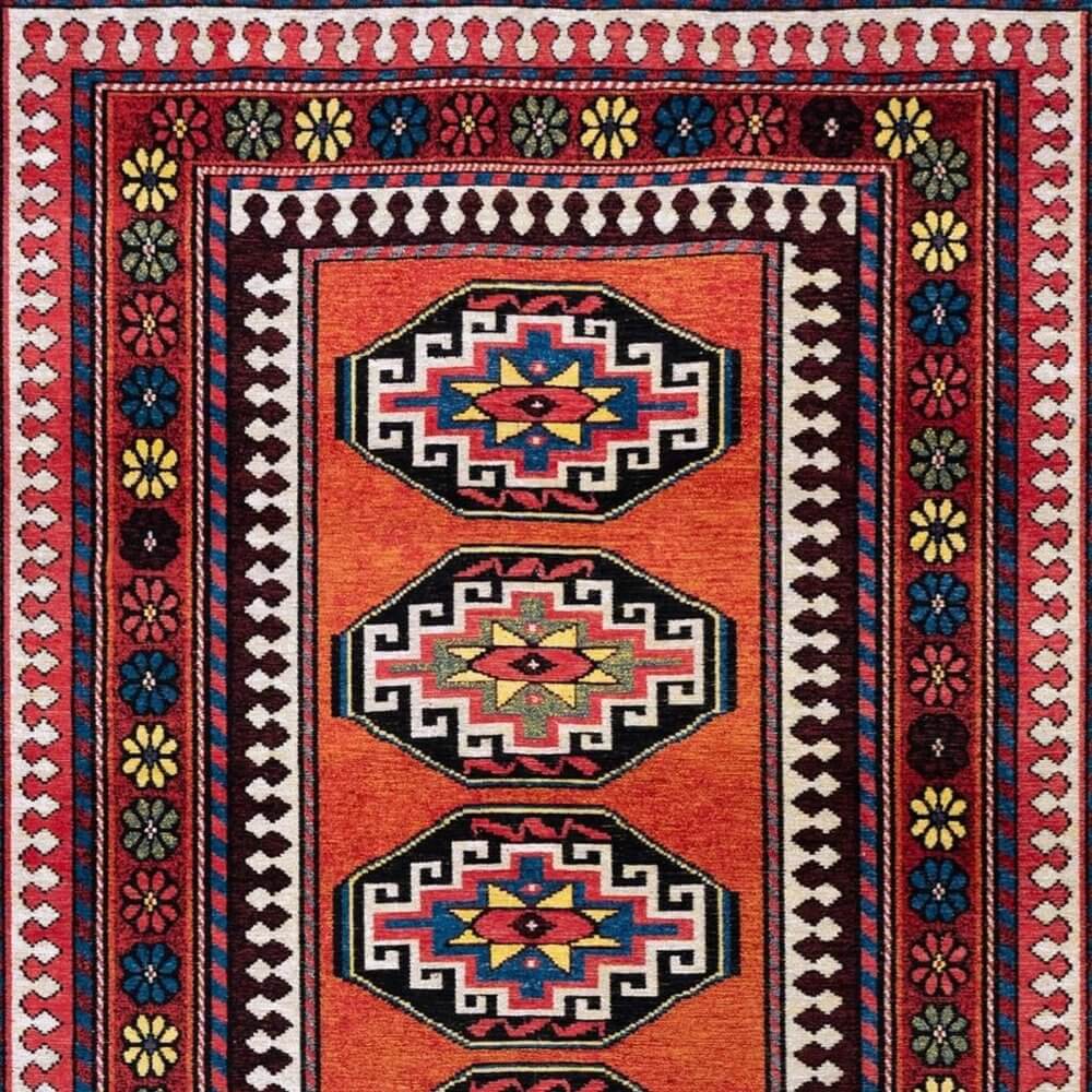 Red And Orange Tribal Washable Area Rug With UV Protection Area Rug | 9' x 13'. Bold pattern with earthy palette.