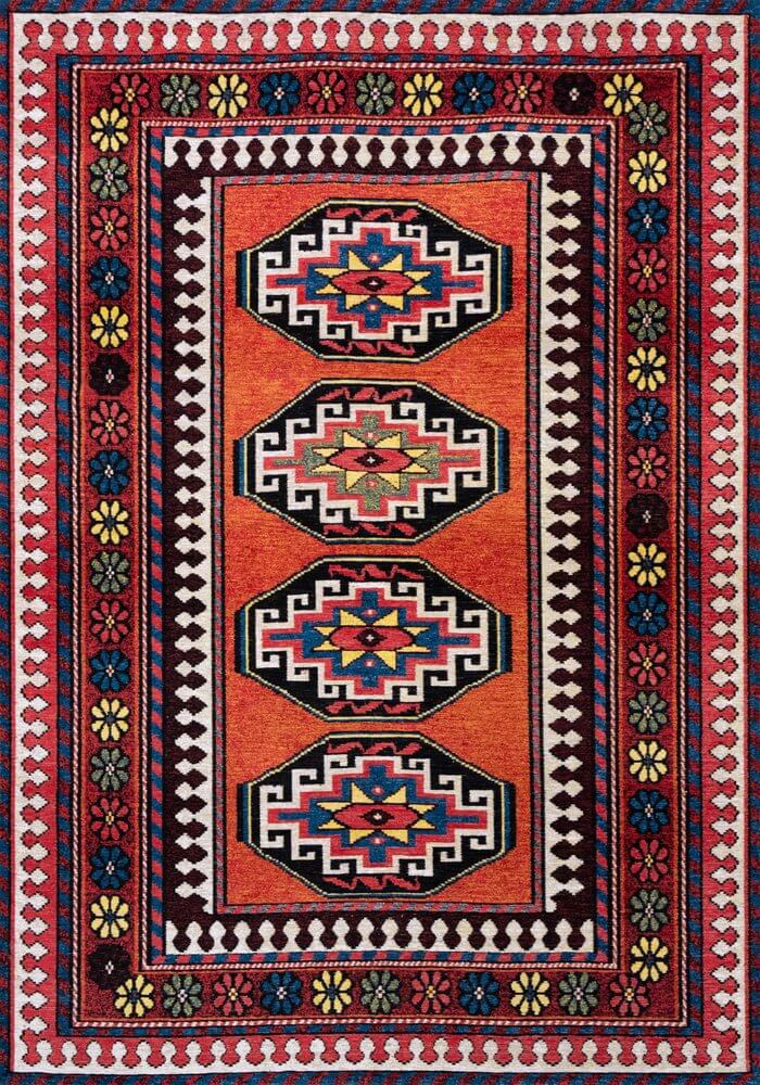 Red And Orange Tribal Washable Area Rug With UV Protection Area Rug | 9' x 13' featuring bold patterns and earthy palette.