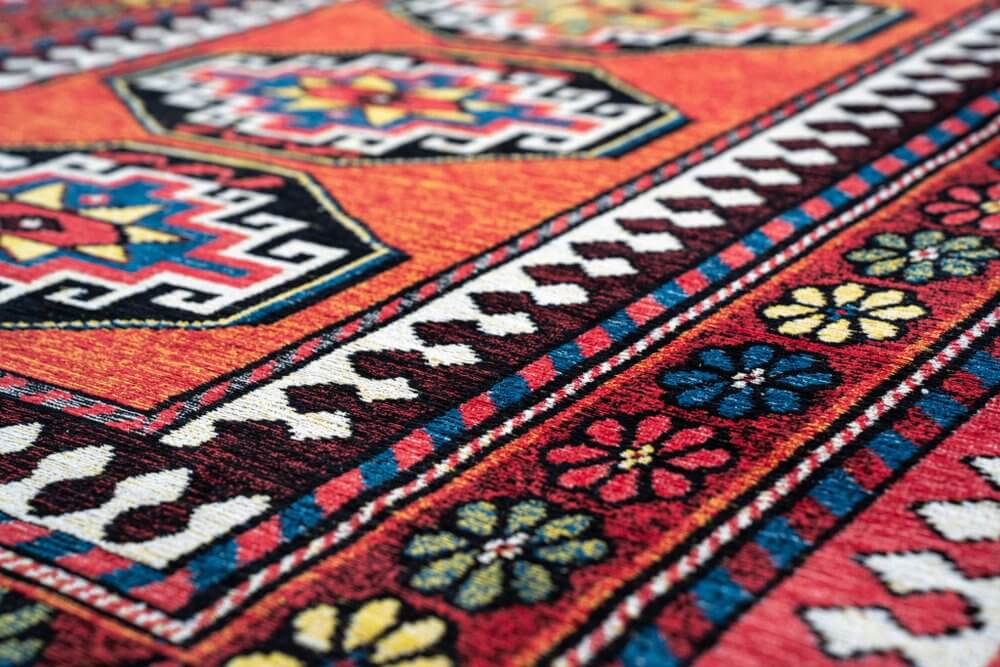 Red And Orange Tribal Washable Area Rug With UV Protection Area Rug | 9' x 13'. Bold pattern and textured character.