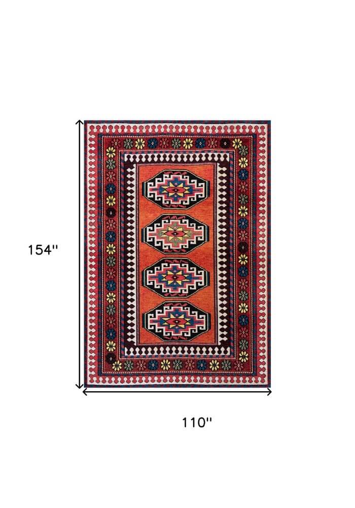 Red And Orange Tribal Washable Area Rug With UV Protection Area Rug | 9' x 13' shown with dimensions 154" x 110".