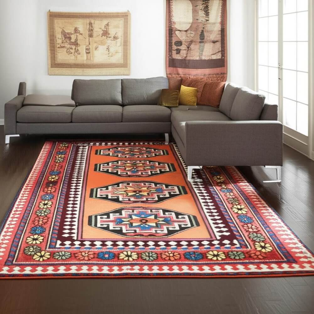 Red And Orange Tribal Washable Area Rug With UV Protection Area Rug | 9' x 13' displayed in a modern living room.