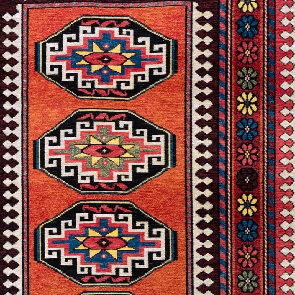Red And Orange Tribal Washable Area Rug With UV Protection Area Rug | 9' x 13'. Bold patterned tribal design.