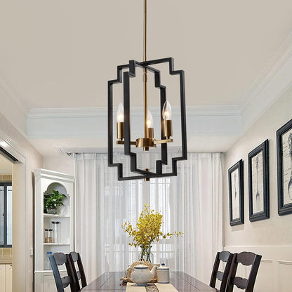 Small Farmhouse Chandelier Dining Room Geometric Hanging Light Fixture French Country Square Ceiling Pendant Lighting for Kitchen Entryway Stairwell, Wood Grain & Black(not included bulbs)