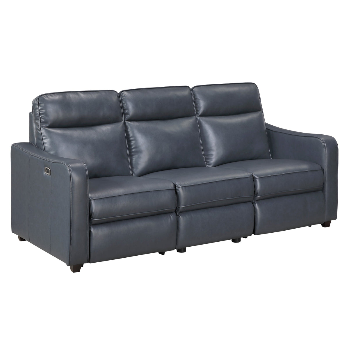 Haddon power reclining sofa and loveseat set in navy faux leather