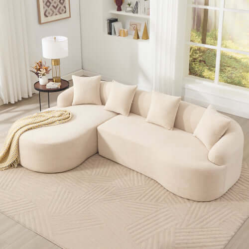 Boneless Modular Chenille Sectional Sofa – 99” Curved Chaise Compression Couch (White) in a cozy living room setting.
