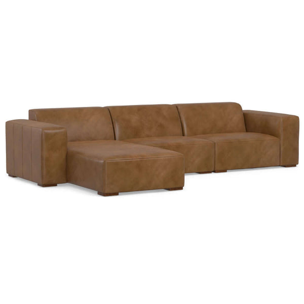 Rex Top-Grain Leather Left-Facing Chaise Sofa Sectional in Caramel Brown, modern design, comfortable seating for four.