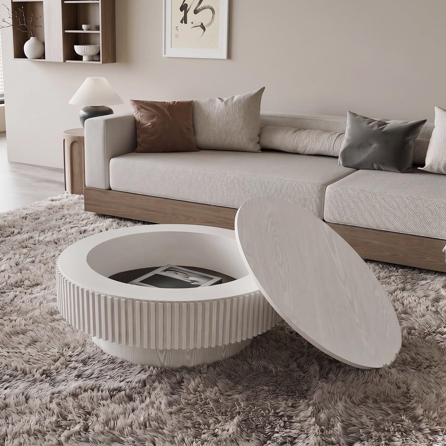 Noble Retro White Round Storage Coffee Table – 31.5" Fluted Mushroom Coffee Table