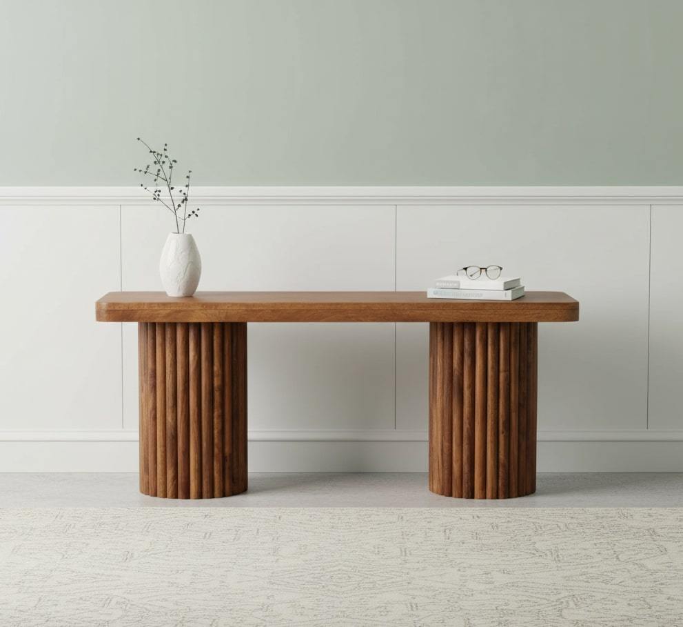 Astoria Solid Mango Wood Fluted Bench – 43.3" Handcrafted Bench, Amber Oak Finish