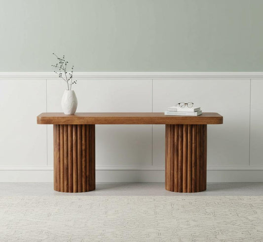 Astoria Solid Mango Wood Fluted Bench – 43.3" Handcrafted Bench, Amber Oak Finish