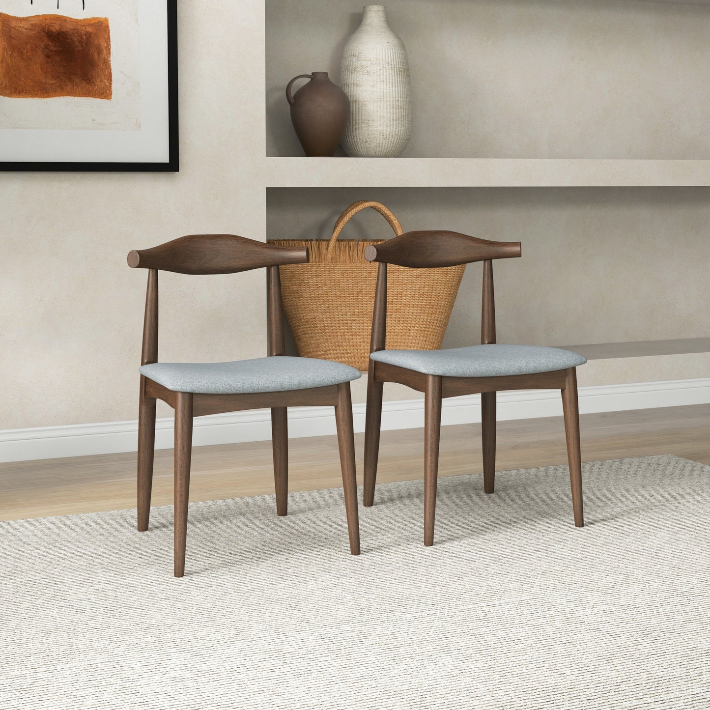 Destiny Gray Fabric Dining Chair – 29.5" Mid-Century Walnut-Leg Dining Chairs (Set of 2)
