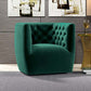 Delaney Tufted Swivel Barrel Chair – Modern Accent Chair (Multiple Colors & Fabrics) in green velvet setting.