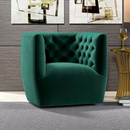 Delaney Tufted Swivel Barrel Chair – Modern Accent Chair (Multiple Colors & Fabrics) in green velvet setting.