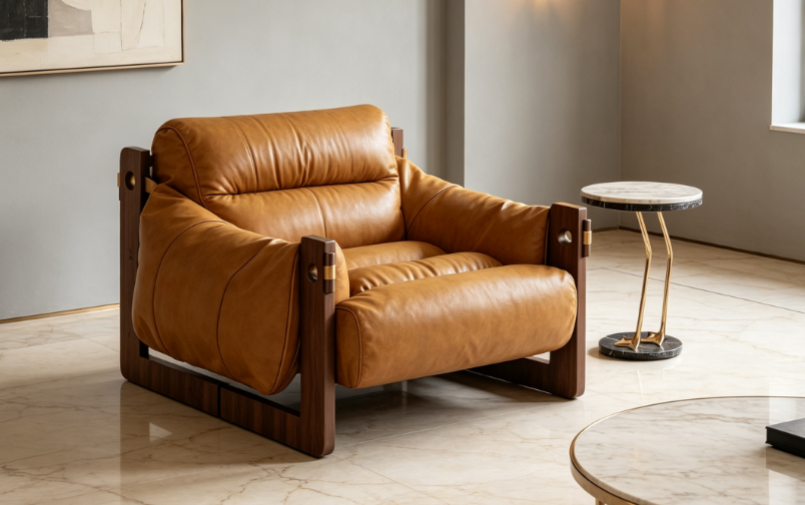 Caramel oil-waxed leather lounge chair