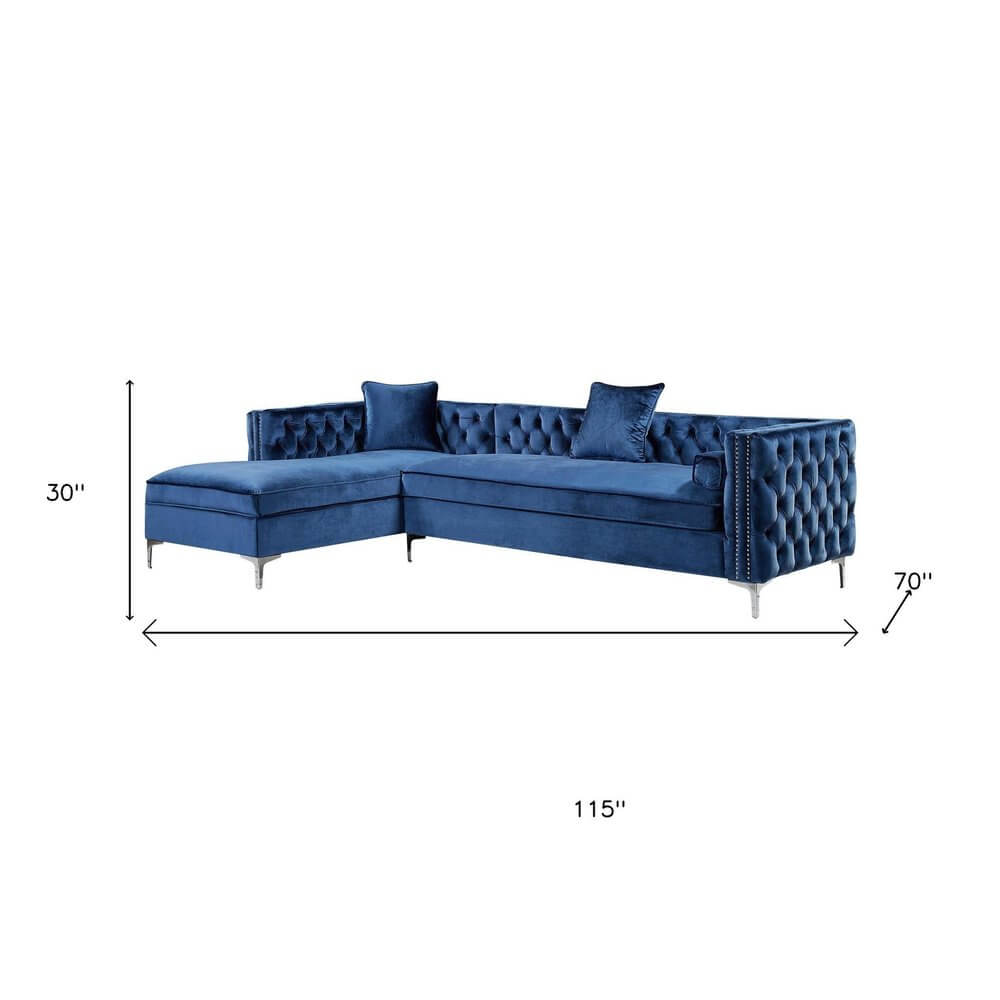 Navy Blue Velvet Rectangular Sofa and Chaise Sectional And Toss Pillows with dimensions.