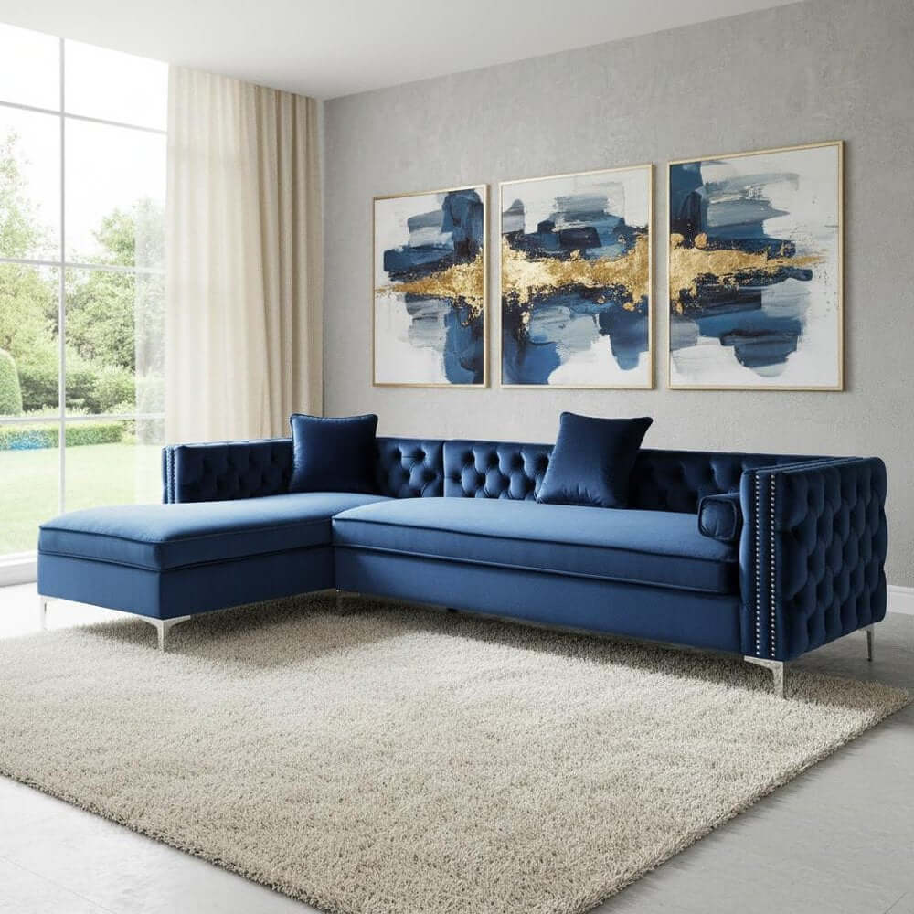 Navy Blue Velvet Rectangular Sofa and Chaise Sectional And Toss Pillows in modern living room setting.