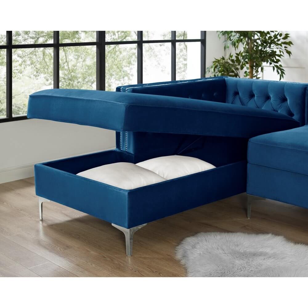 Navy Blue Velvet Rectangular Sofa and Chaise Sectional And Toss Pillows with storage compartment.