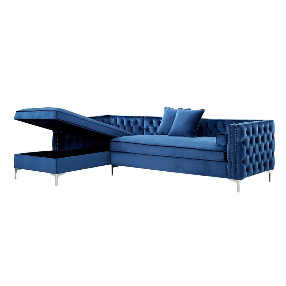 Navy Blue Velvet Rectangular Sofa and Chaise Sectional And Toss Pillows with storage and tufted design.