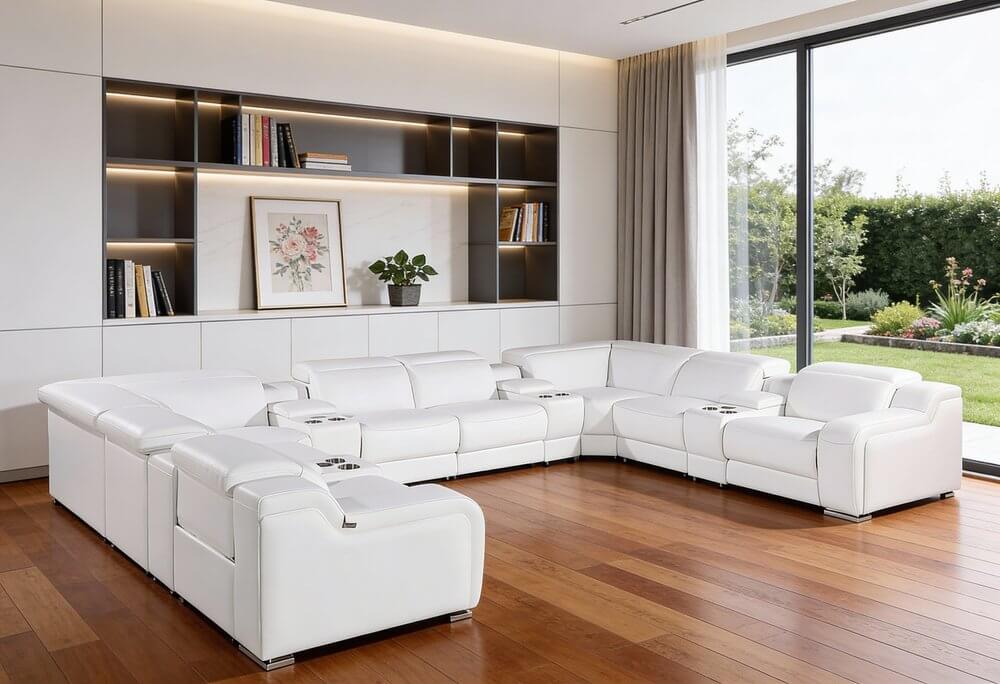 White Italian Leather Power Reclining U Shaped Twelve Piece Corner Sectional With Console in a modern living room.