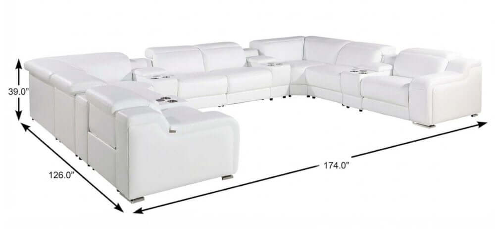 White Italian Leather Power Reclining U Shaped Twelve Piece Corner Sectional With Console dimensions illustration