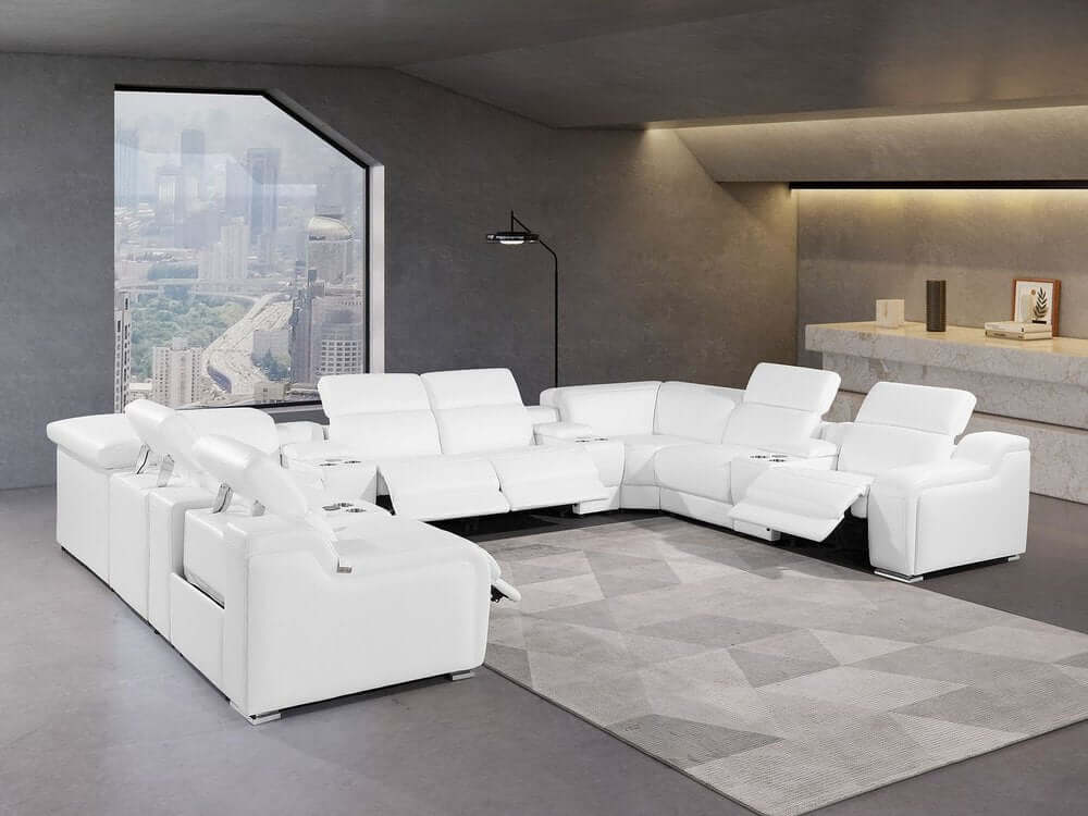 White Italian Leather Power Reclining U Shaped Twelve Piece Corner Sectional With Console in a modern living room setting.