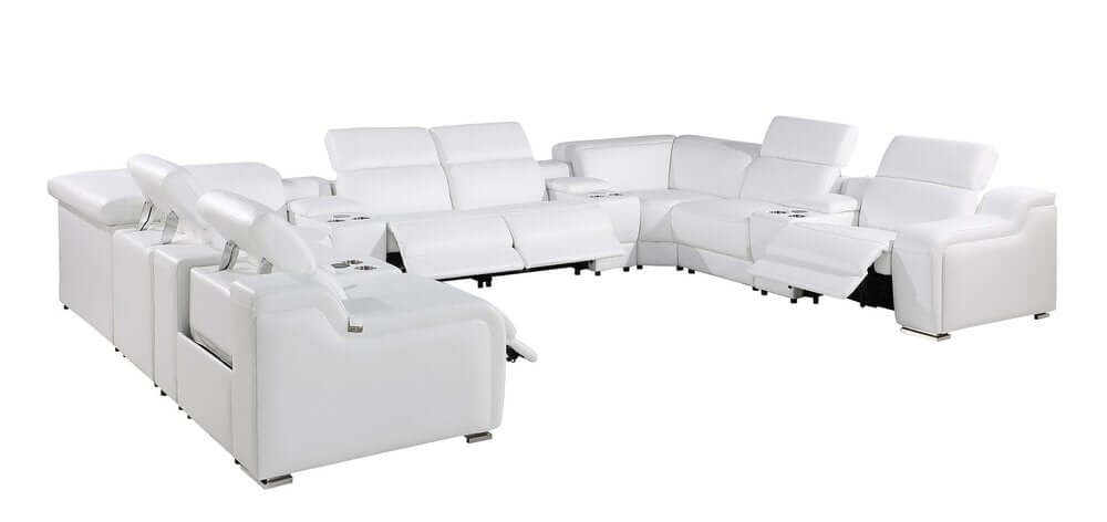 White Italian Leather Power Reclining U Shaped Twelve Piece Corner Sectional With Console in luxurious design.