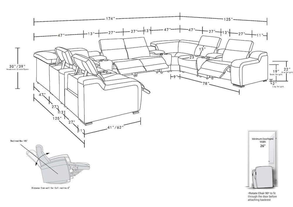 White Italian Leather Power Reclining U Shaped Twelve Piece Corner Sectional With Console dimensions and features diagram