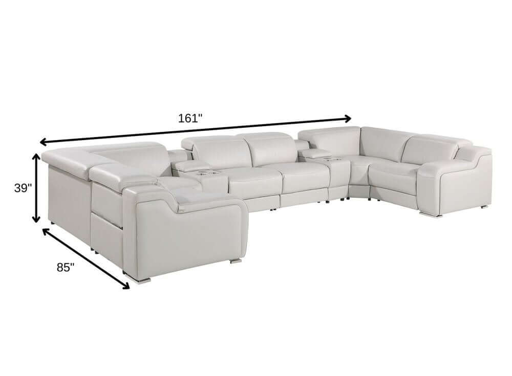 Light Gray Italian Leather Power Reclining U Shaped Eight Piece Corner Sectional With Console dimensions and design.