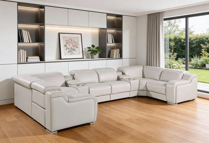 Light Gray Italian Leather Power Reclining U Shaped Eight Piece Corner Sectional With Console in a contemporary living room.