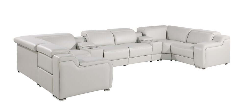 Light Gray Italian Leather Power Reclining U Shaped Eight Piece Corner Sectional With Console.