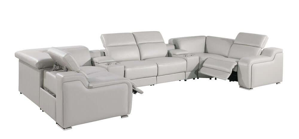 Light Gray Italian Leather Power Reclining U Shaped Eight Piece Corner Sectional With Console in a modern living room setting.