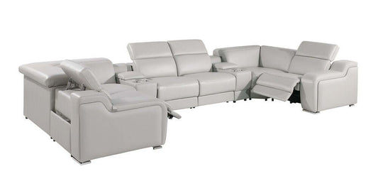 Light Gray Italian Leather Power Reclining U Shaped Eight Piece Corner Sectional With Console in a modern living room setting.