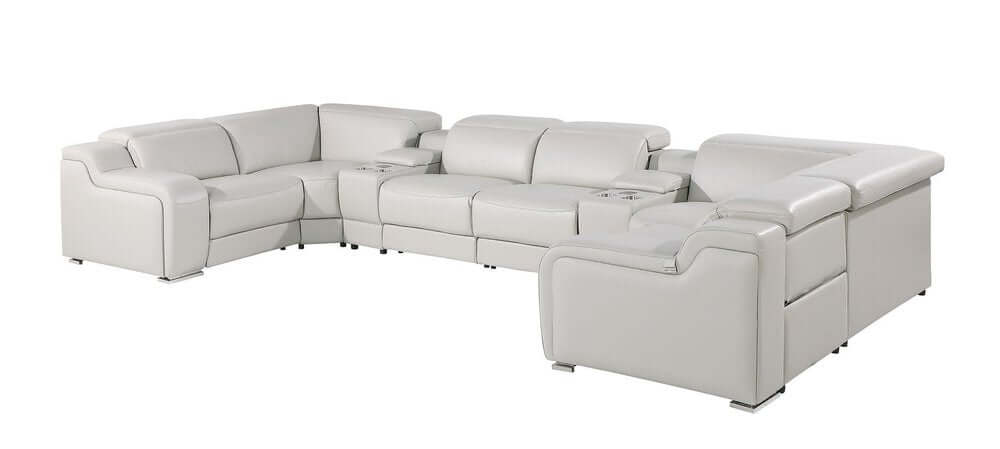Light Gray Italian Leather Power Reclining U Shaped Eight Piece Corner Sectional With Console in a stylish living room setting.