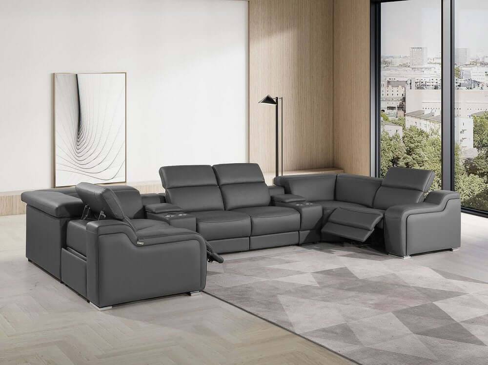 Dark Gray Italian Leather Power Reclining U Shaped Eight Piece Corner Sectional With Console in a modern living room setting.