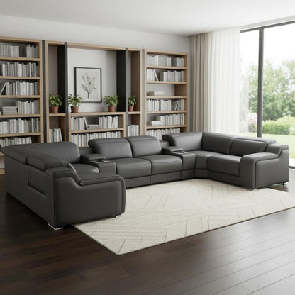 Dark Gray Italian Leather Power Reclining U Shaped Eight Piece Corner Sectional With Console in a modern living room setting.