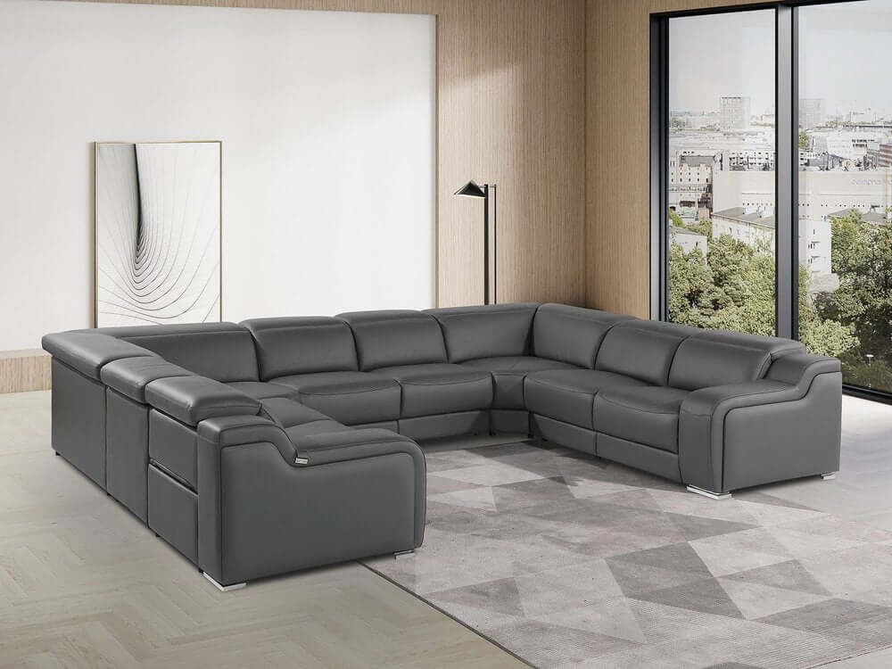 Dark Gray Italian Leather Power Reclining U Shaped Eight Piece Corner Sectional With Console in a modern living room.