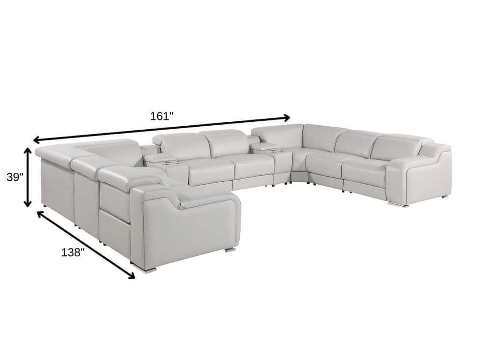 Light Gray Italian Leather Power Reclining U Shaped Ten Piece Corner Sectional With Console dimensions 161x138x39 inches