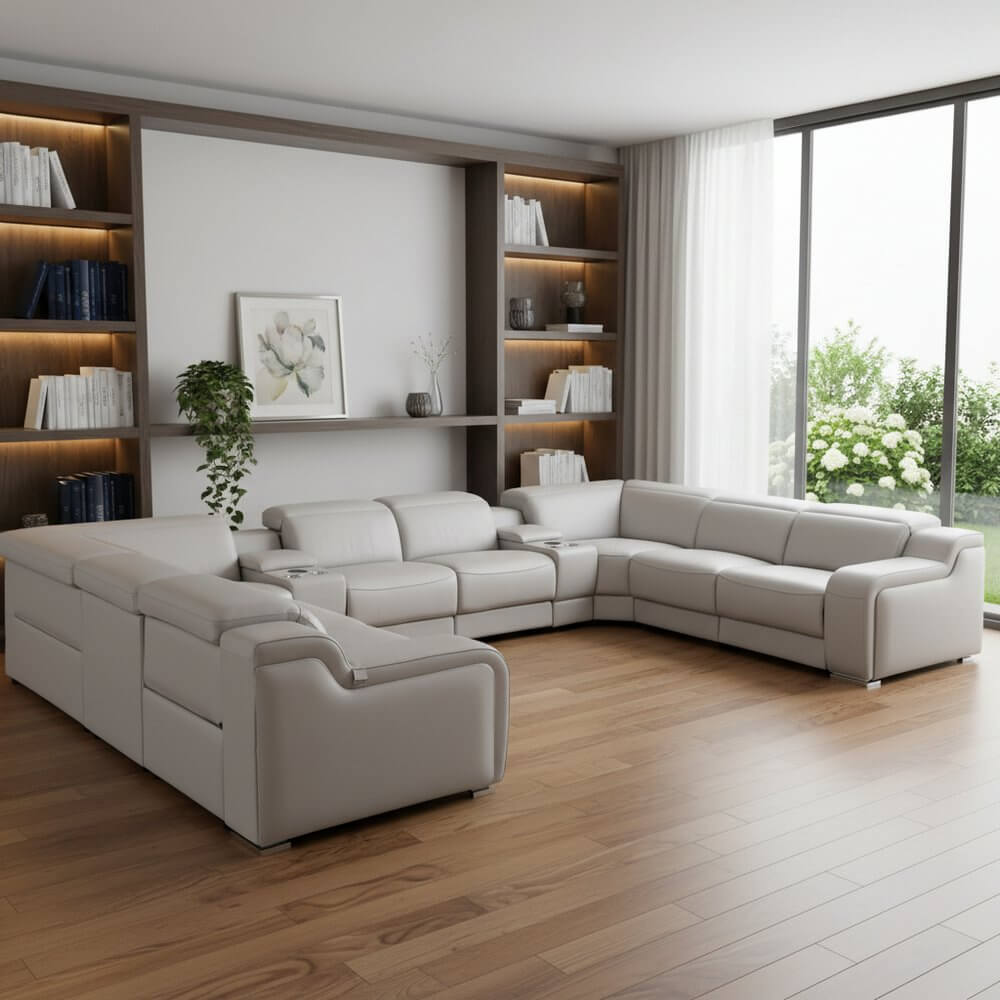 Light Gray Italian Leather Power Reclining U Shaped Ten Piece Corner Sectional With Console in a modern living room.