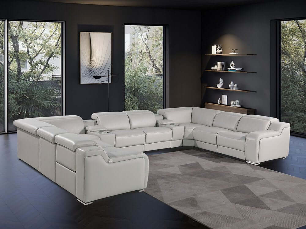 Light Gray Italian Leather Power Reclining U Shaped Ten Piece Corner Sectional With Console in modern living room.