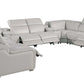 Light Gray Italian Leather Power Reclining U Shaped Ten Piece Corner Sectional With Console in a stylish living space.