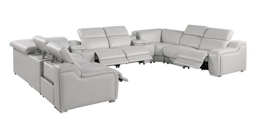 Light Gray Italian Leather Power Reclining U Shaped Ten Piece Corner Sectional With Console in a stylish living space.