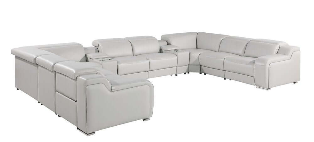 Light Gray Italian Leather Power Reclining U Shaped Ten Piece Corner Sectional With Console