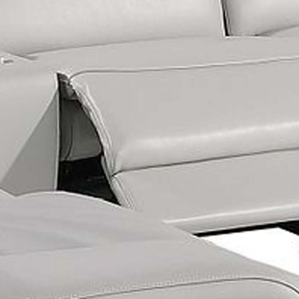 Light Gray Italian Leather Power Reclining U Shaped Ten Piece Corner Sectional With Console close-up view of seating and console.