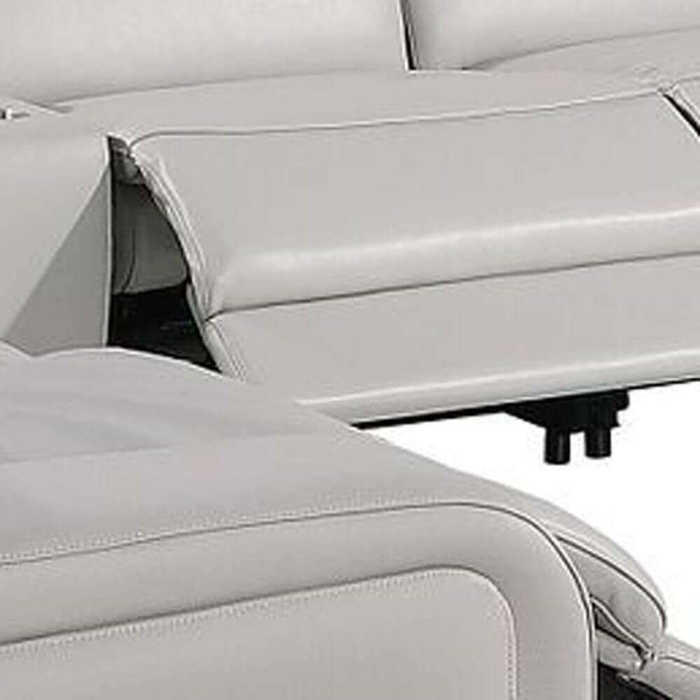 Light Gray Italian Leather Power Reclining U Shaped Ten Piece Corner Sectional With Console close-up of reclining mechanism