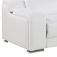 129" White Italian Leather Reclining USB Sofa armrest detail showcasing premium leather and metal accents.